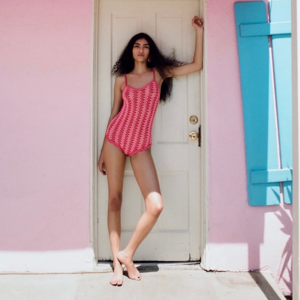 Zara Pink Patterned Knit Bodysuit with Thin Straps
